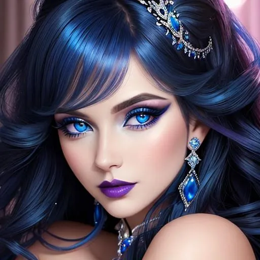 Prompt: a Sapphire lady, feminine elegant princess ,  dark hair, large blue eyes, wearing jewls in her hair,  beautiful makeup, blue eyeshadow, dark pink lipstick, facial closeup