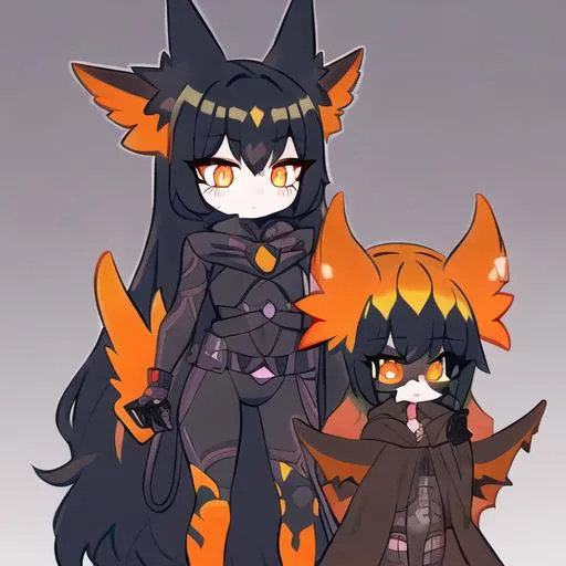 Prompt: Your OC is a massive nightmare flying fox, with sharp light orange eyes. They identify as female, and have a quiet voice. As an accessory, they have stickers, and they can be seen holding nothing.