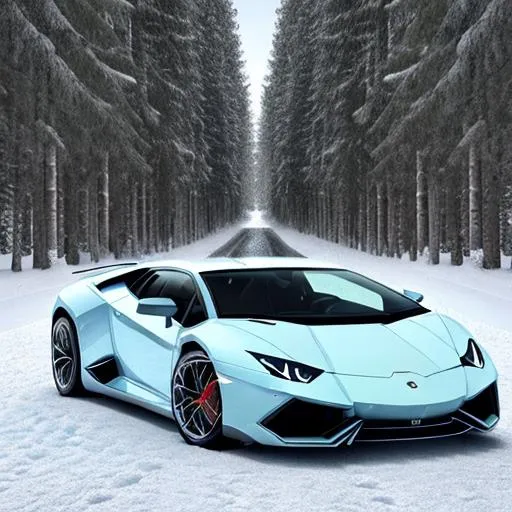 Lamborghini in snow in a forest with a light blue sk... | OpenArt