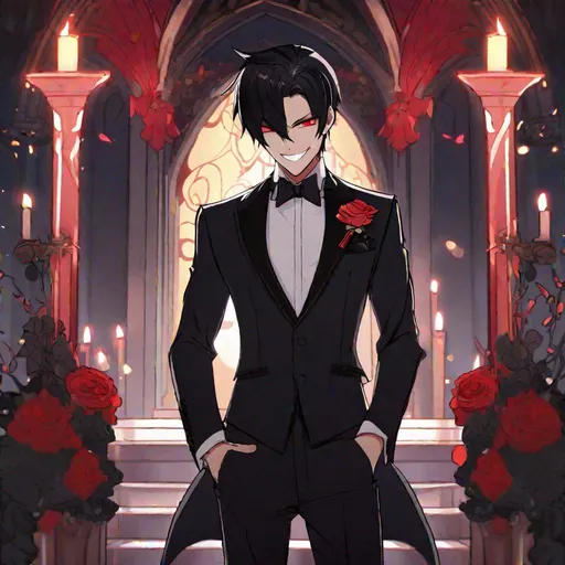 Prompt: Damien  (male, short black hair, red eyes) demon form, wearing a tuxedo, standing at the altar, grinning seductively
