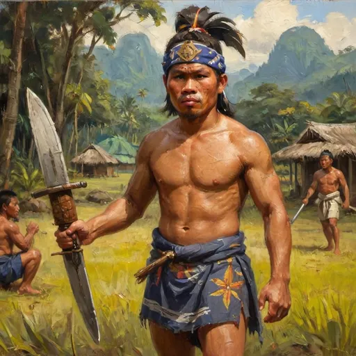 Prompt: filipino native fighter wearing a sarong and putong headgear. equipped with a wooden shield and kris sword. 