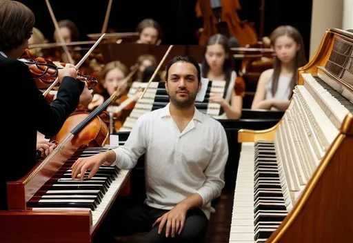 Prompt: sitting behind the piano