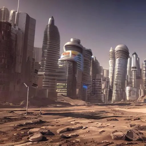 Prompt: Hyper realistic image of futuristic city on colony on mars, anime, warm feeling, sunny day, huge sky scrapers, 8k, hyper realistic, unreal engine 5 