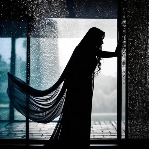Prompt: Silhouette of a woman 🗣️ long shawl. within a room with dark warm colors. Send with tiny  mark glowing. Cinematic lifestyle. Posing with elegance. Flying feathers with rain in window. Vibrant colorful background