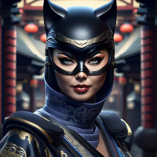 Prompt: Portrait of {  Ninja Catwoman} in  {edo era Japan}, perfect composition, hyperrealistic, super detailed, 8k, high quality, trending art, trending on artstation, sharp focus, studio photo, intricate details, highly detailed,happy face, by greg rutkowski