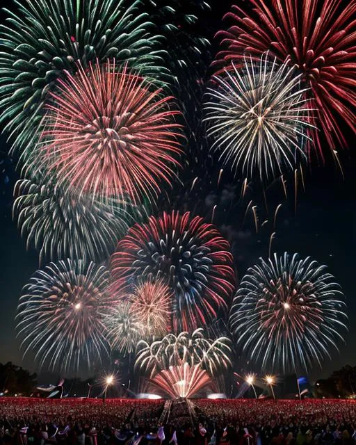 Prompt: Independence Day, the Fourth of July, evokes a surrealistic spectacle. The vibrant burst of fireworks illuminates the night sky, casting a kaleidoscope of colors. In the foreground stands a majestic American flag, billowing proudly in the gentle breeze. The image captures the essence of patriotism, unity, and celebration. Shot with a Nikon D850, equipped with a wide-angle lens, the composition reveals the sprawling fireworks against the backdrop of a darkened cityscape. The photograph is taken during twilight, as the last rays of sunlight recede, creating a captivating contrast between the radiant fireworks and the deepening shadows. The style of the image combines long-exposure techniques with surrealistic elements, portraying a dreamlike ambiance. To enhance the vintage feel, a Fujifilm Velvia film is used, lending a rich saturation and heightened colors.