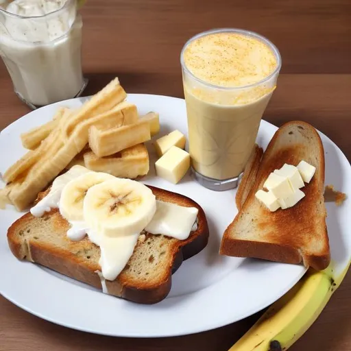 Prompt: banana cheese sandwich on toast with cheese milkshake 