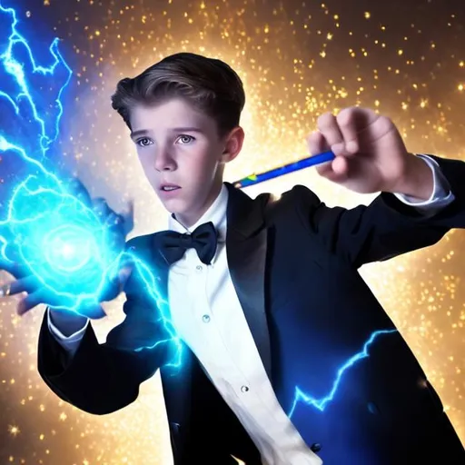 Prompt: 16 year old boy in a tuxedo useing his magic wand to cast a spell on a 16 year old boy in a blue polo trying to dodge the gold sparkly magic spell flying at him