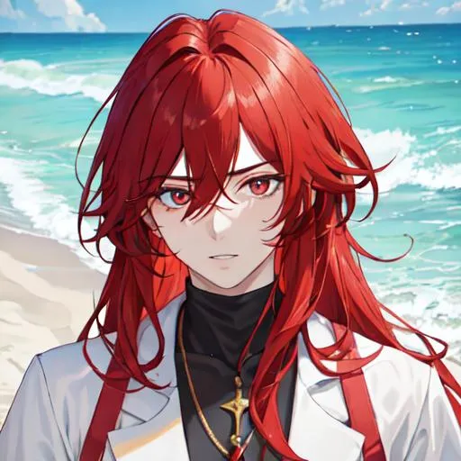 Prompt: Zerif 1male (Red side-swept hair covering his right eye) at the beach, 8k, UHD, highly detailed, insane detail