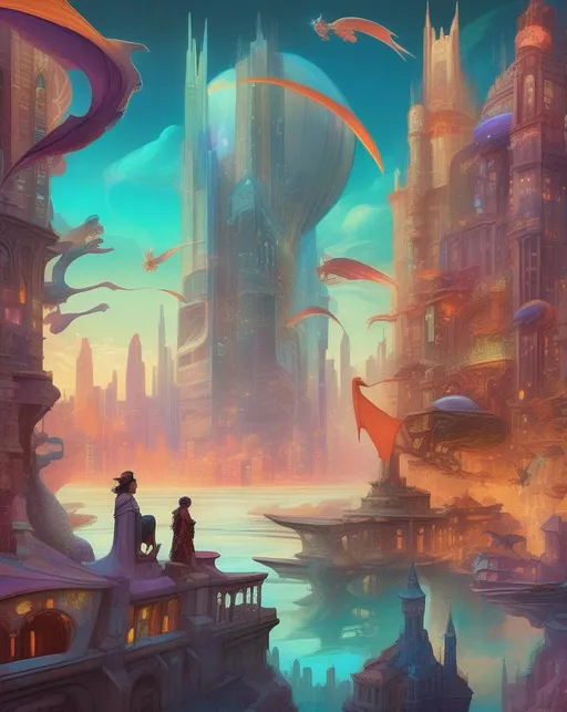 Prompt: A surreal digital painting seamlessly blending elements of different worlds into one fantastical scene. Crystal castles float above a futuristic city where dragons soar between skyscrapers. Imaginative visual storytelling merges themes of magic and technology. Vibrant colors and lighting enhance the mood. Rendered in the fantasy art style of Alphonse Mucha.