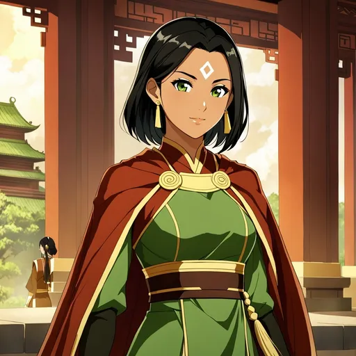 Prompt: Avatar the last airbender, important earth kingdom official. female, cape. green eyes, mom. rich, chinese nobility, short black hair, tan skin