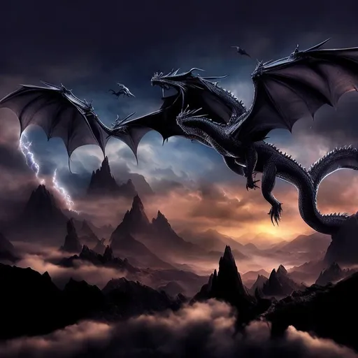 Prompt: Elegant dragons flying in sky, overlooking landscape, dressed in black, lord of the rings scenery, airbrush, dramatic sky with starlight, mountains, cool colors, hyper realistic