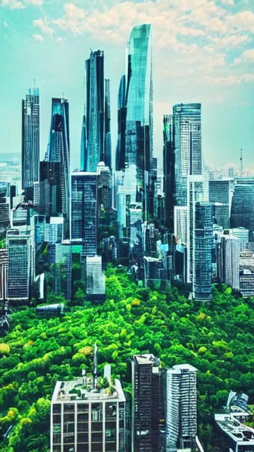 Prompt: Green environment, big city, futuristic, high buildings 