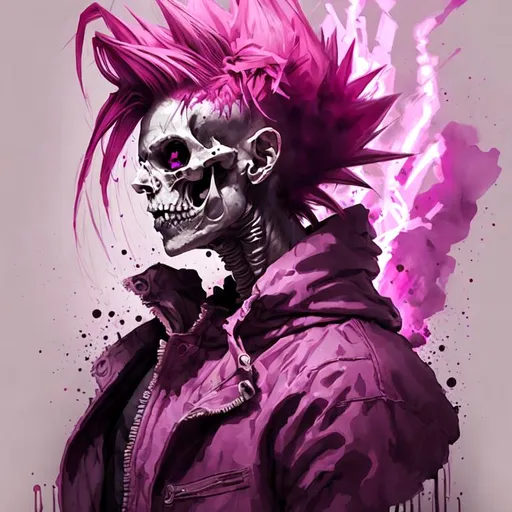 Prompt: Super Saiyan, magenta hair, necromancer, calling forth undead skeletons from graves, floating pink glowing skulls, horror, Masterpiece, Best Quality