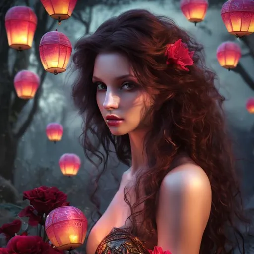 Prompt: HD 4k 3D professional modeling photo hyper realistic beautiful enchanting sorceress woman dark curly flowing hair pale skin dark eyes gorgeous face dark red dress tower with flowers and paintings landscape lanterns hd background ethereal mystical mysterious beauty full body