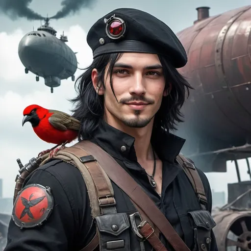 Prompt: Handsome Male fantasy Ranger with , long black hair, tiny red bird on shoulder, mischievous smile, slight beard, post apocalyptic, black beret , head and shoulders, Airship in the background, cyberpunk gas mask 
