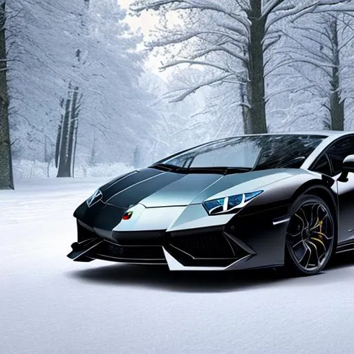 Lamborghini in snow in a forest with a light blue sk...