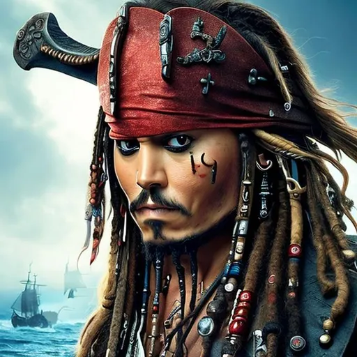 Prompt: Futuristic jack sparrow from pirates of the Caribbean x Viking 