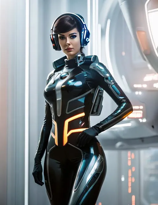 Prompt: a spaceship cyborg pilot in a latex suit, laying down in a chair, in a cyberpunk setting, cyborg, implants, high details, realistic , professionally colour graded, photorealism, 8k, grim dark lighting, art by the Caravage