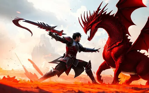 Prompt: Splash art of a Grey Warden battling a bright red blood dragon from Dragon Age. Grey Wardens are ancient medieval warriors. In peace, vigilance. In war, victory. In death, sacrifice. detailed masterpiece, fantasy, high-res, quality upscaled image, perfect composition. Rampaging war, blood splatters, shock