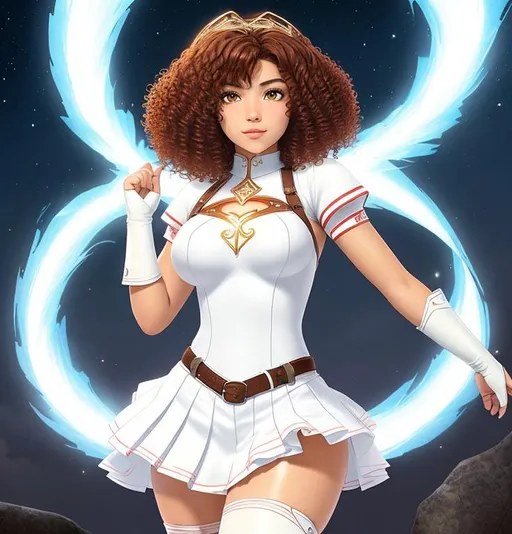 Prompt: A beautiful 14 year old ((Latina)) light elemental with light brown skin and a cute face. She has a curvy body. She has short curly reddish brown hair and reddish brown eyebrows. She wears a beautiful tight white princess outfit with a white skirt. She wears white boots. She has brightly glowing yellow eyes and white pupils. She wears a small golden tiara. She has a yellow aura around her. She is using a short golden knife against a robber that is attacking her in a alley. Epic battle scene art. Full body art. {{{{high quality art}}}} ((goddess)). Illustration. Concept art. Symmetrical face. Digital. Perfectly drawn. A cool background. Five fingers