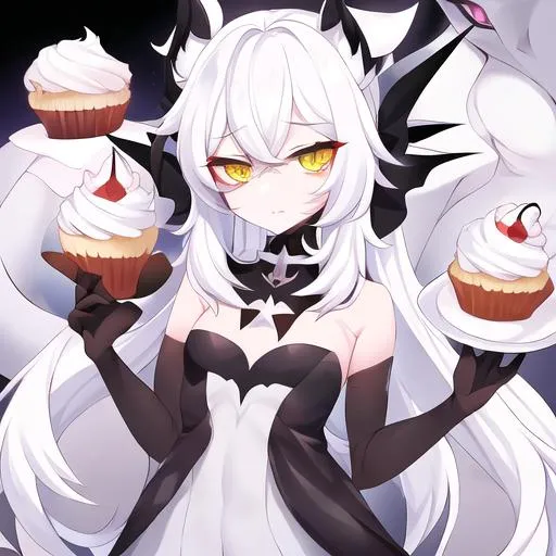 Prompt: Your OC is a small-framed nightmare oryx, with warm white eyes. They identify as demigirl, and have a gravelly voice. As an accessory, they have gloves, and they can be seen holding a cupcake.