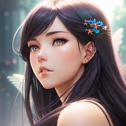 Prompt: Closeup face portrait of a beatiful woman smooth soft skin, big dreamy eyes, beautiful intricate colored hair, symmetrical, anime wide eyes, soft lighting, detailed face, by makoto shinkai, stanley artgerm lau, wlop, rossdraws, concept art, digital painting, looking into camera, girl breathtaking photo by Ferdinand Knab, Cyberpunk fairy with giant wings,