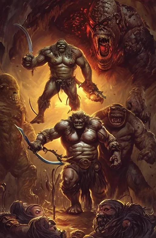 Prompt: Fantasy, pulp, illustration of a muscled, sword and sorcery, barbarian,  chopping off the head of a giant, mutant, gorilla man that is showing his fangs and wearing retro-future armor and clothing, with women clawing to his legs in love.