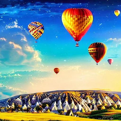 Prompt: A book cover of a colorful hot air balloon hanging over the landscape of Cappadocia Turkey. Generate in the style of a Thomas Kinkade landscape mixed with a Ted Nasmith landscape. The title of the book - Physics of the Heart - should be in a calligraphy-style font at the top center of the picture. 