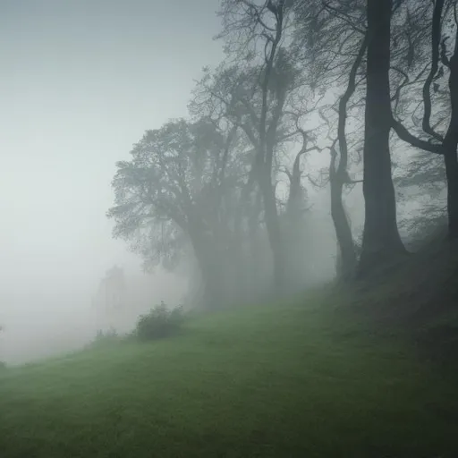 Prompt: A mansion in the distance on a slight hill in a forest with fog covering the ground 