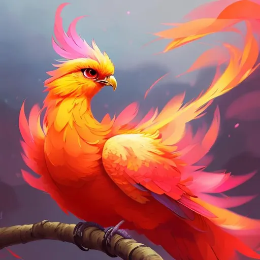 Prompt:  Cute pink fiery phoenix bird, winter forest colours, sharp features, fireflies, big fiery feathers, sparkling eyes,  expressive eyes, highly detailed, digital painting, artstation, concept art, smooth, sharp focus, illustration, art by Ken Sugimori
