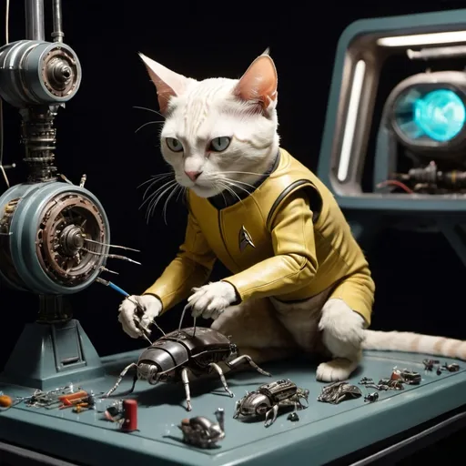 Prompt: Cat from Star trek repairing a mechanical beetle 