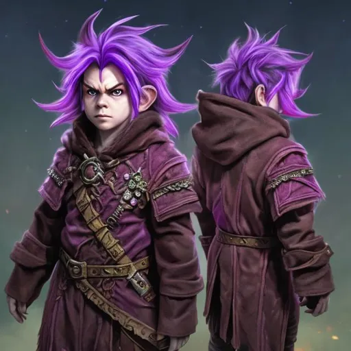 Prompt: Dungeons and Dragons, Fantasy, Male Gnome, Psychic, Hyper Realistic, 4k, Purple Torn Ragged Scruffy Coat, Pink Psychic Energy Radiating, Brown Hair