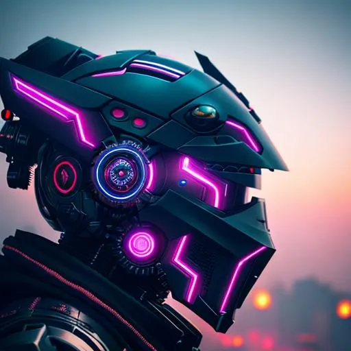 Prompt: Mechanical gears helmet fantasy art robot ninja, cyberpunk, dark neon style, dramatic, highly detailed, trending on artstation, cinematic view, beautiful composition, deep blue ambient light, smog, phenomenal photography, 85mm lens, 8k, epic, photorealism, ray tracing, sharp focus, depth of field, avatars