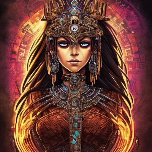 Prompt: aztec queen, ruler, crown, light, dawn, blood, intense, fierce expression, calm, smirk, fit woman, long black straight hair, colorful background,  sun, glowing eyes, side view, queen, anime, detailed, steampunk 