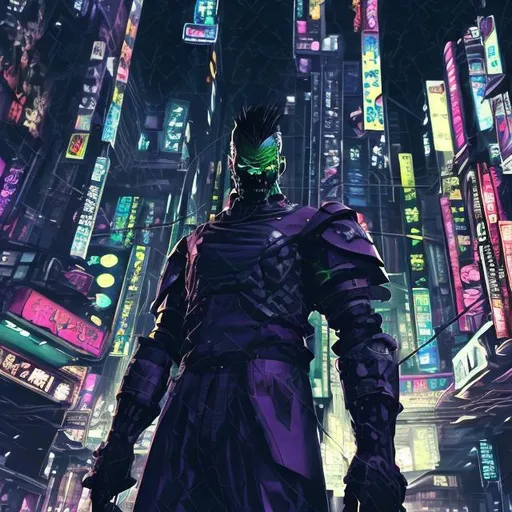 Prompt: Original villain.  Brawn. Sinister. Unique.. quirky. Magic. Very Dark image with lots of shadows. Background partially destroyed neo Tokyo. Noir anime. Gritty. Dirty. Black with random neon accents. Holographic armour. Bionic enhancements. 