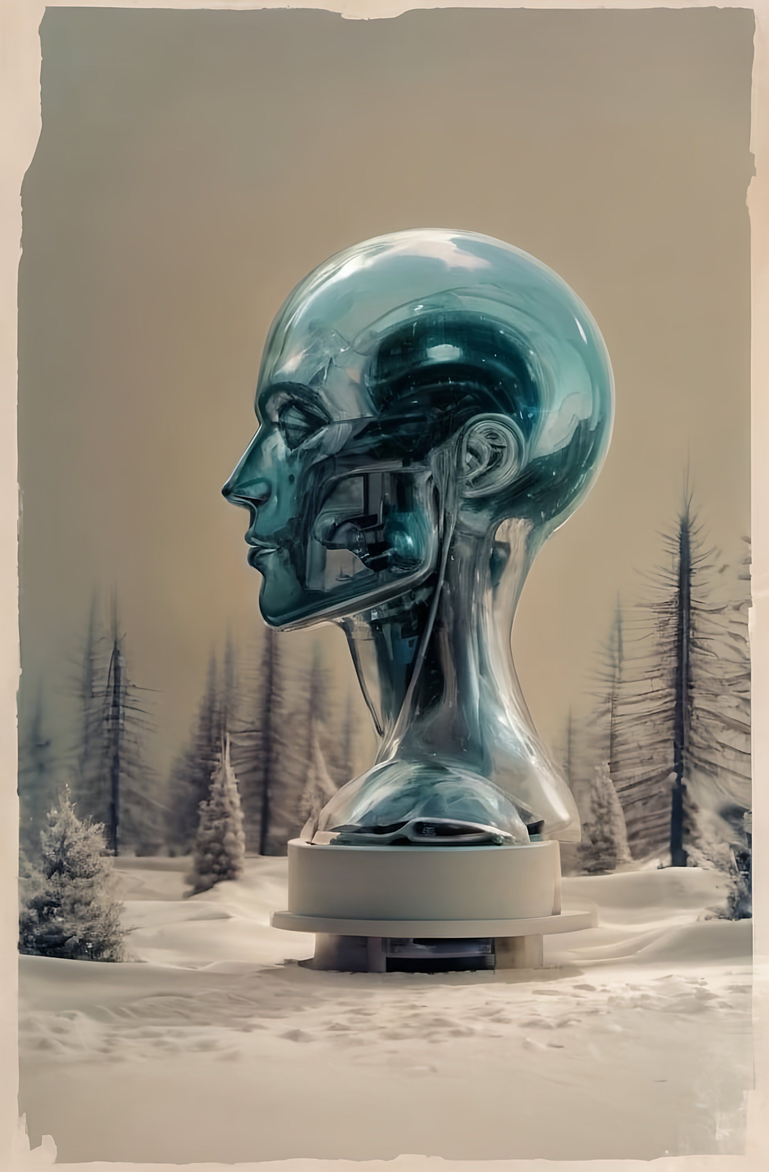 Prompt: a sculpture of a person's head in the snow with trees in the background and a clock in the middle