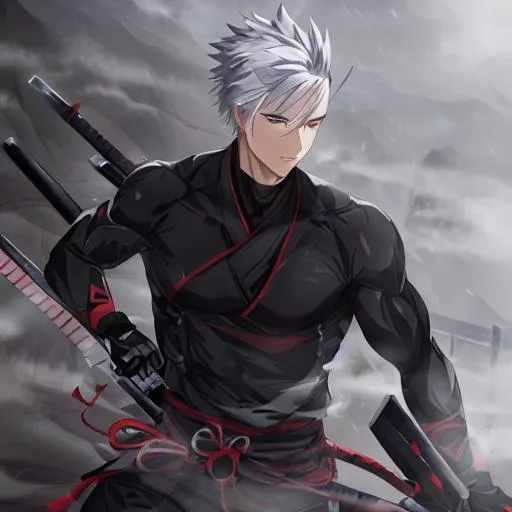 Prompt: Male Ninja, Surrounded by mist, athletic build, spiky silver hair, grey eyes, foggy background, high quality, 4k, cinematic