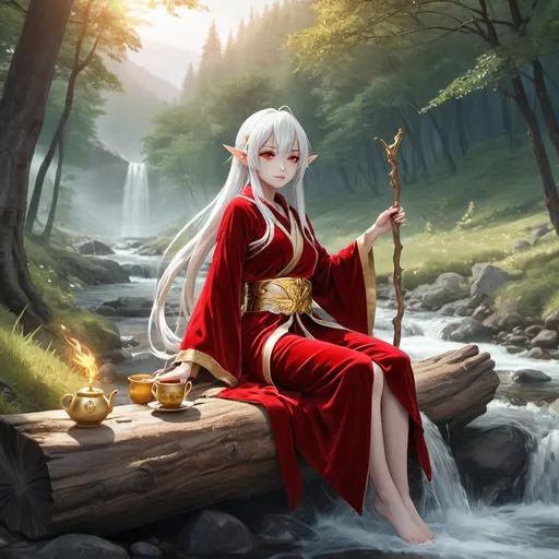 Prompt: Vocaloid Yowane Haku with flowing white hair and shinning red eyes as a young Elf woman wearing bright red velvet robe with a golden belt sitting on a log in the woods next to a running stream with a cup of tea sitting next to her and holding a golden staff, mountain landscape and misty forest behind her, evening, Chen Chi, fantasy art, anime art, a 3D render