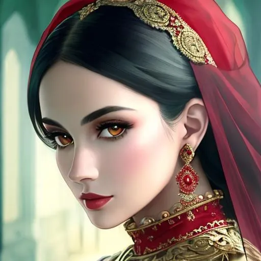 Prompt: woman beautiful dark haired woman , ornate clothes, red veil