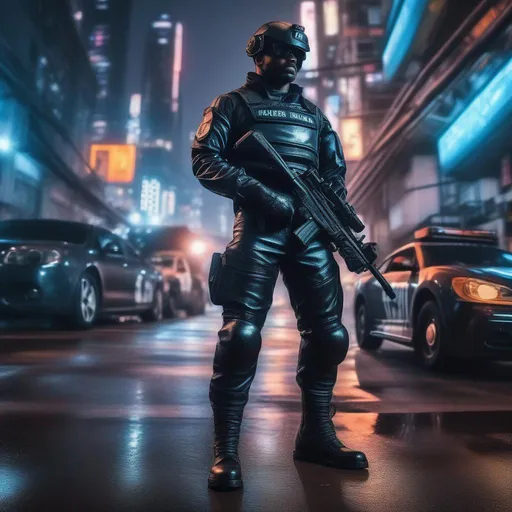 Prompt: A close up of a ultra realistic menacing psychedelic cyberpunk scaring cop at night in a futuristic São Paulo, complex realistic build, beaten, dated, tired leather uniform, big black iron boots, big weapon. realistic photography