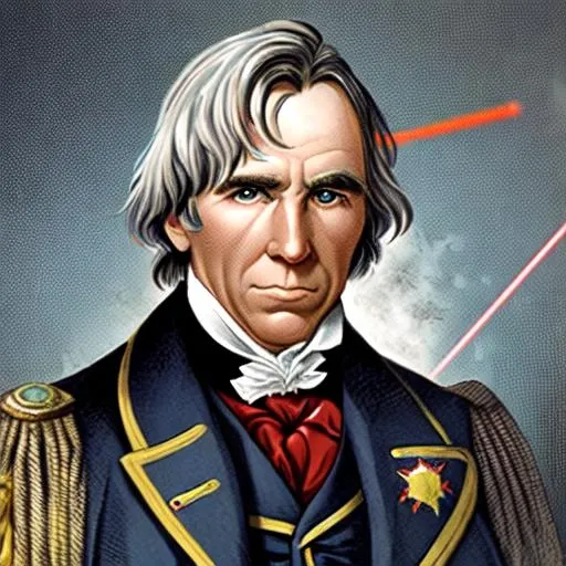 Prompt: a zoomed in picture on president Zachary Taylor. He is a super hero of America. His eyes are glowing red and blue with lasers. Light and super powers of super heroes around him