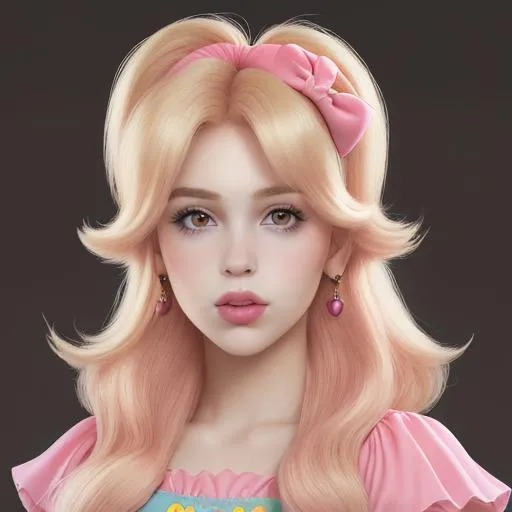 Prompt: peach prisses of mario blond girl hair hyper realistic juici pink lips pink dressed young girl