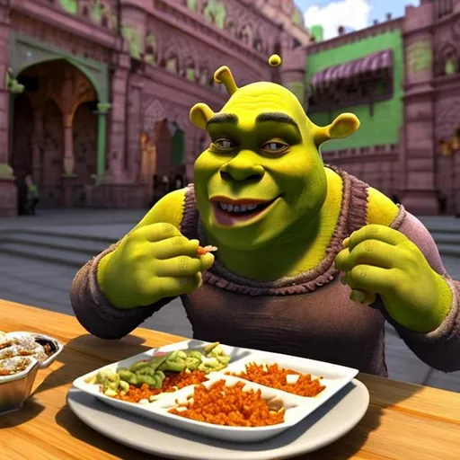 Prompt: Shrek eating a halal snack pack