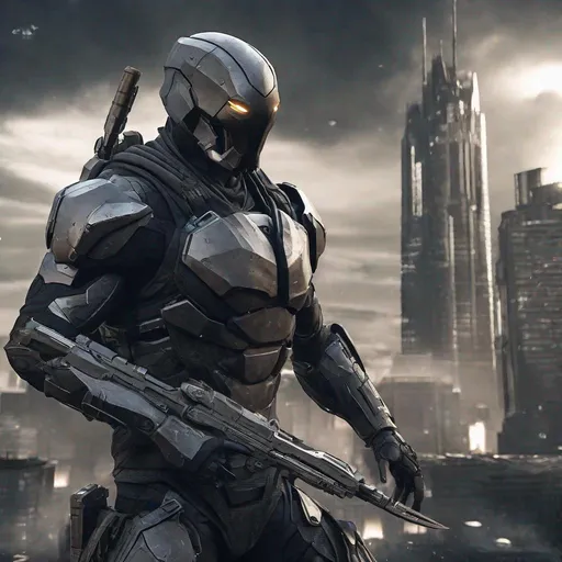 Prompt: Futuristic combat stealth soldier, arkham knight style military helmet, short helmet, sleek helmet, deathstroke, iron man style tactical armour suit, swords, post-apocalyptic setting, high-tech and tactical armor, ninja, assassin, assassin's creed, evil, sith lord, supervillain, call of duty, battlefield, shogun, viking, futurism, star wars, the punisher, mandalorian, SAS, navy seals,  weapons, germanic, samurai, dual swords, gritty atmosphere, detailed reflections on armor, best quality, highres, ultra-detailed, futuristic, post-apocalyptic, sleek design, professional, atmospheric lighting, city background, extreme utility on armour, black colour, genetically enhanced supersoldier. 