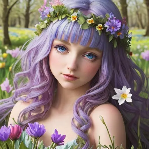 Prompt: a youngfairy goddess of spring, Sbitley Temple curls, ,wildflowers, vivid colors, closeup