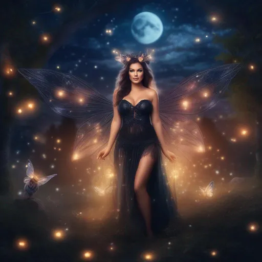 Prompt: Hyper realistic, Gorgeouse full body image of buxom woman in a skimpy, fairy style, witch's outfit at night with fairies flying around on a breathtaking night with a stunning night sky