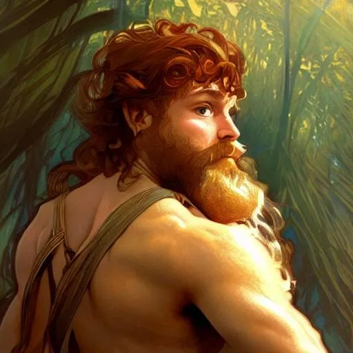 Prompt: portrait of a handsome male, halfling, druid, D&D, fantasy, intricate, muscular, auburn beard, wavy auburn hair, highly detailed, digital painting, artstation, concept art, smooth, sharp focus, illustration, art by alphonse mucha and greg rutkowski 