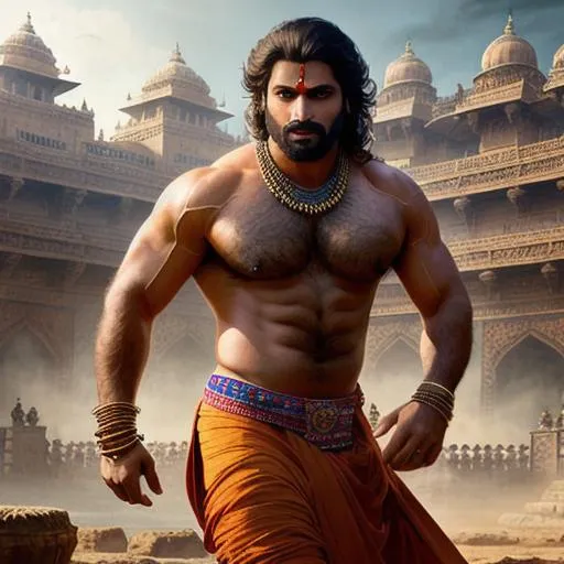 Prompt: scene of hyperreal beautiful kurukshetra sensual hunk with handsome rage face, very hairy pecs and sensual calves, dhoti, shawl, arena, perfect composition, hyperrealistic, super detailed, 8k, high quality, trending art, trending on artstation, sharp focus, studio photo, intricate details, highly detailed, by greg rutkowski