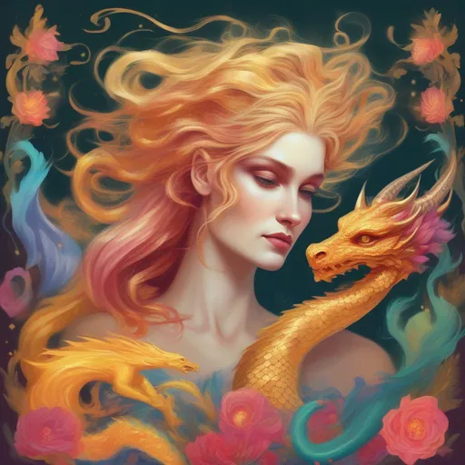 Prompt: A colourful and beautiful Persephone, with gold hair and her hair being made out of magic, with a dragon in a painted style